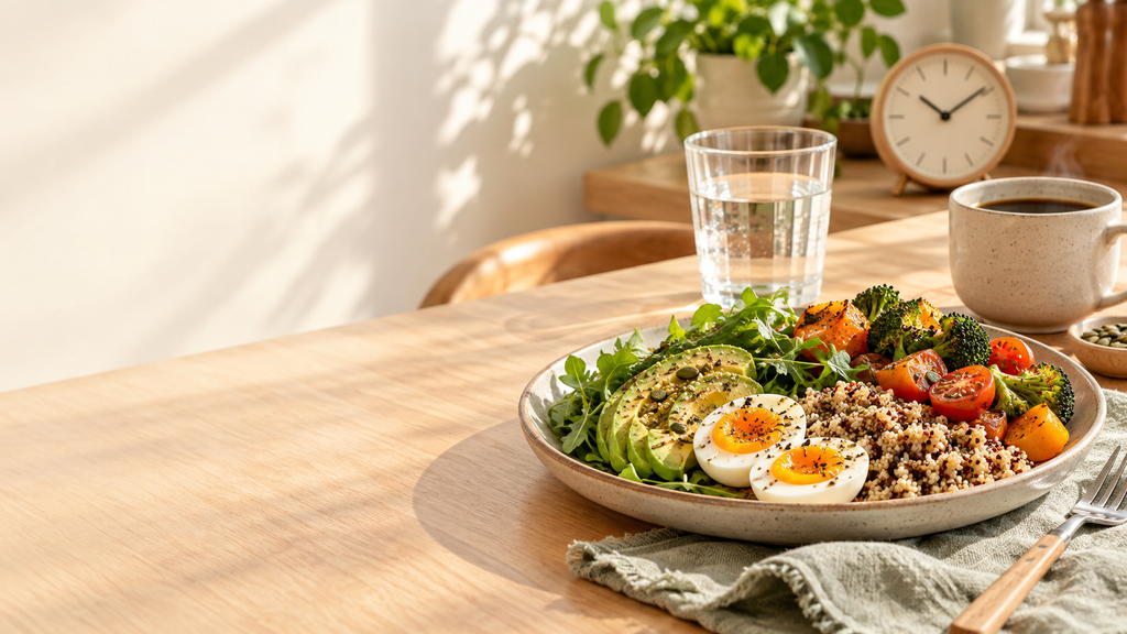 Balanced meal with vegetables, grains and eggs beside water, black coffee and a clock.